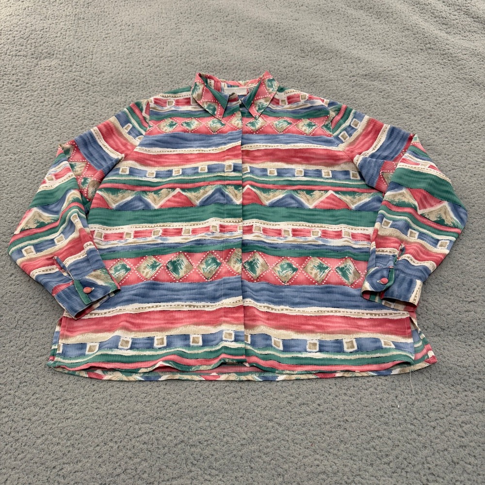 Alfred Dunner Shirt 12 Women Pink Blue Southwestern Geometric Button Up 90s - Picture 1 of 11